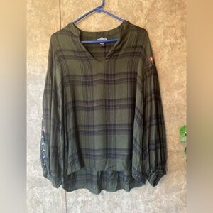 Olive Green Black Stripes Flannel Look Boho Hippie Top Floral Embroidered Size L
